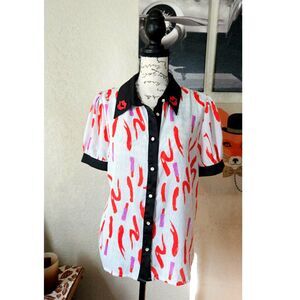 The Moon Bowling Shirt Lipstick Tube print White Red Women's Medium
